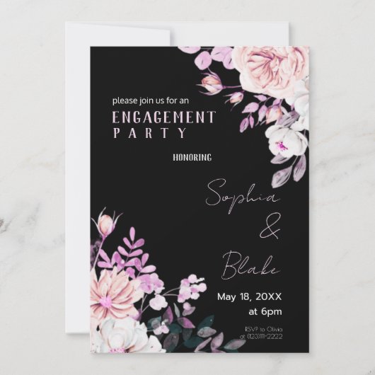 Paarse en witte Floral Black Engagement Party Kaart (Voorkant)