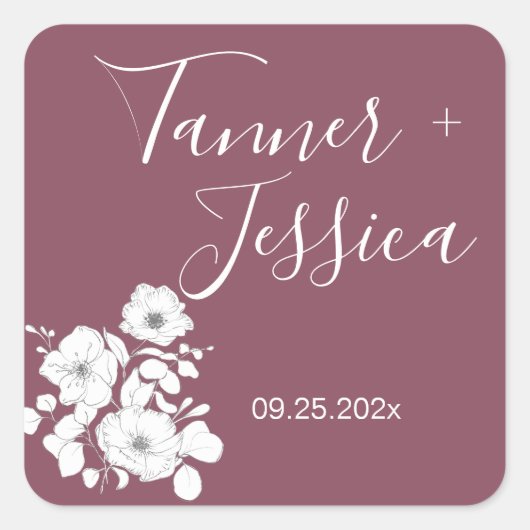 Paarse en witte Floral Wedding Vierkante Sticker (Voorkant)