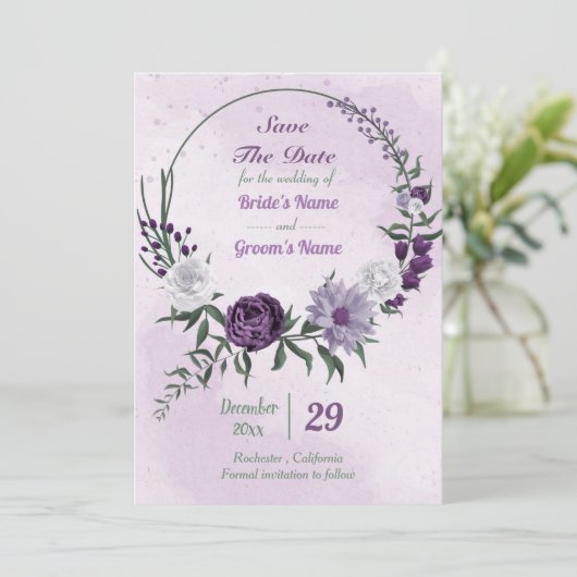 paarse en witte florale borstkas save the date (Staand voorkant)