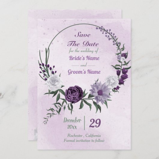 paarse en witte florale borstkas save the date (Voorkant / Achterkant)