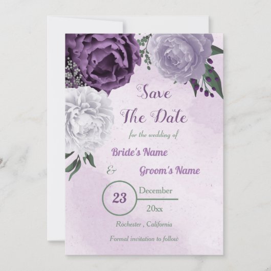 paarse en witte florale griep save the date (Voorkant)