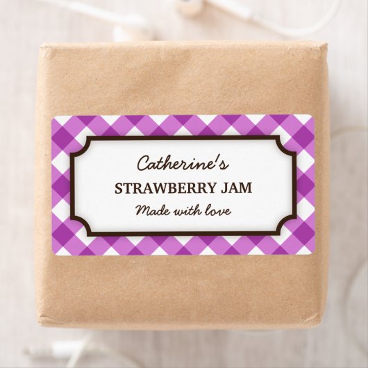 Paarse en witte gingham-bliksetiketten etiket (Insitu)