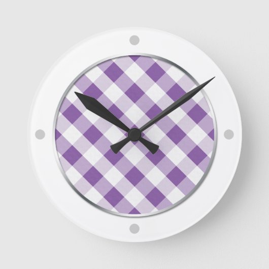 Paarse en witte Gingham Pattern-klok Ronde Klok (Voorkant)