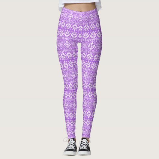 Paarse en witte kerstbeurs Isle Pattern Leggings (Voorkant)