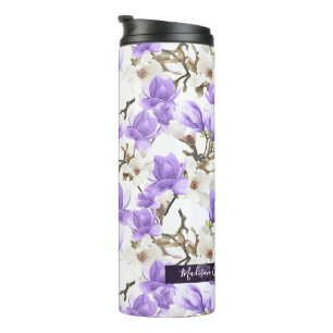 Paarse en witte Magnolia Blossom Waterverf Patroon Thermosbeker