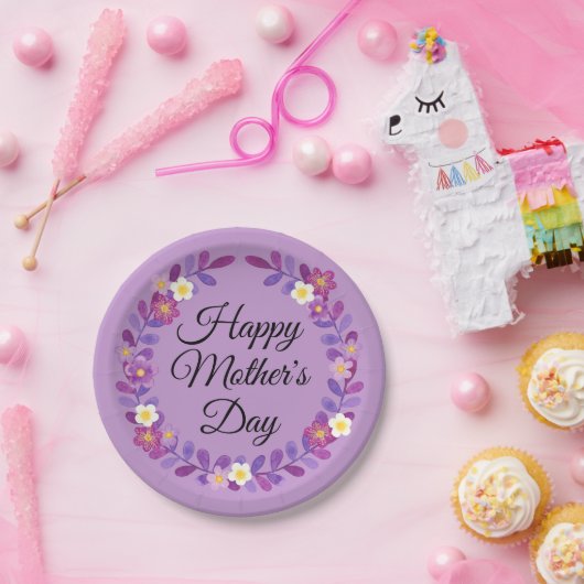 Paarse en witte Moederdag en bladeren Papieren Bordje (Feest)