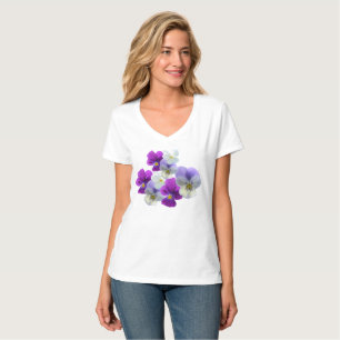 Paarse en witte Pansies V-nek T-Shirt