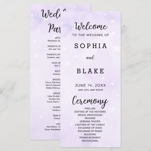 Paarse en witte sterren hemelse bruiloft programma (Voorkant / Achterkant)