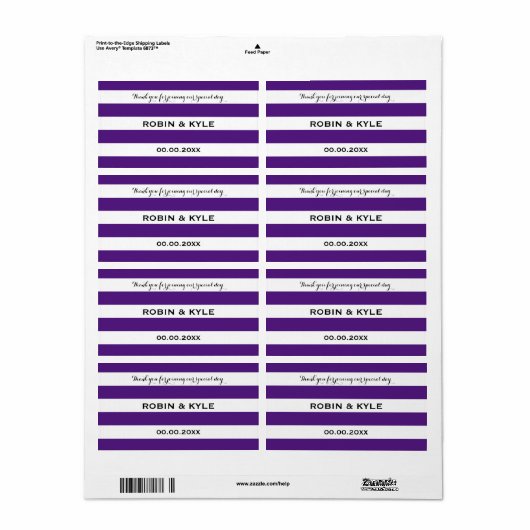 Paarse en witte streep bruiloft water flesetiket etiket (Full Sheet)