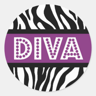 Paarse en zebraprint DIVA-typografie feeststicker Ronde Sticker