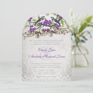 Paarse en zilveren Bird Damask Wedding Invite Kaart