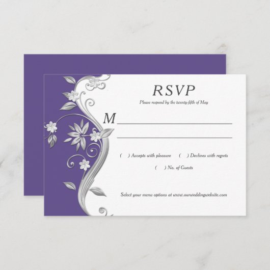 Paarse en Zilveren Bloemen Swirls RSVP (Voorkant / Achterkant)