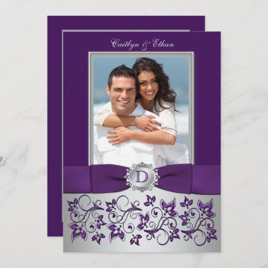 Paarse en zilveren bloemfoto bruiloft uitnodiging (Voorkant / Achterkant)