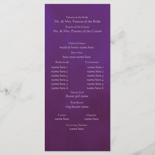 Paarse en zilveren bruiloft programma (Achterkant)