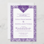 Paarse en zilveren Damask Shield Banner Monogram Kaart (Voorkant)