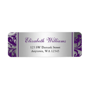 Paarse en Zilveren Damask Swirls Retouradres Etiket