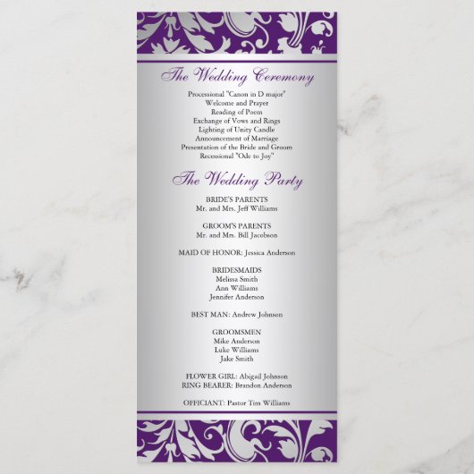 Paarse en zilveren Damask Swirls Wedding Program Programma (Achterkant)