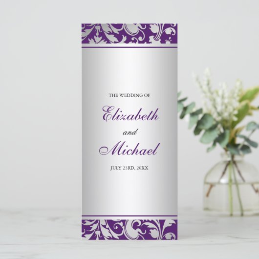 Paarse en zilveren Damask Swirls Wedding Program Programma (Staand voorkant)