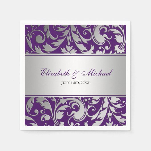 Paarse en Zilveren Damask Swirls Wedding Servetten (Voorkant)