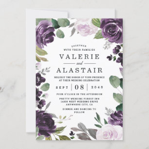 Paarse en zilveren Elegant Floral White Wedding Kaart