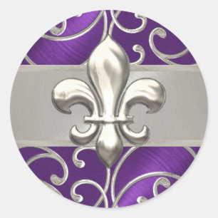 Paarse en zilveren filigraan krullen Fleur de Lis Ronde Sticker