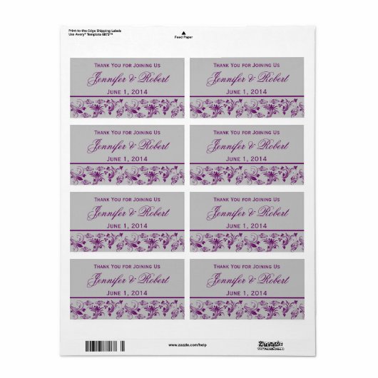 Paarse en Zilveren Floral Scroll Waterflesetiket Etiket (Full Sheet)