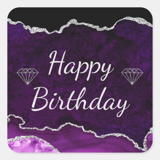 Paarse en zilveren glitter Agate Happy Birthday Vierkante Sticker (Voorkant)