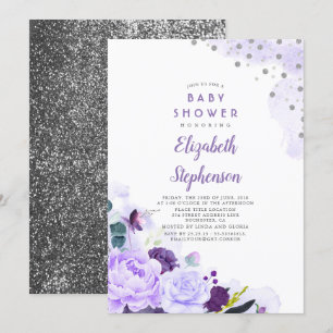 Paarse en zilveren Glitter Bloemen Baby shower Kaart