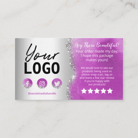 Paarse en Zilveren Glitter Dank u Visitekaartje (Achterkant)