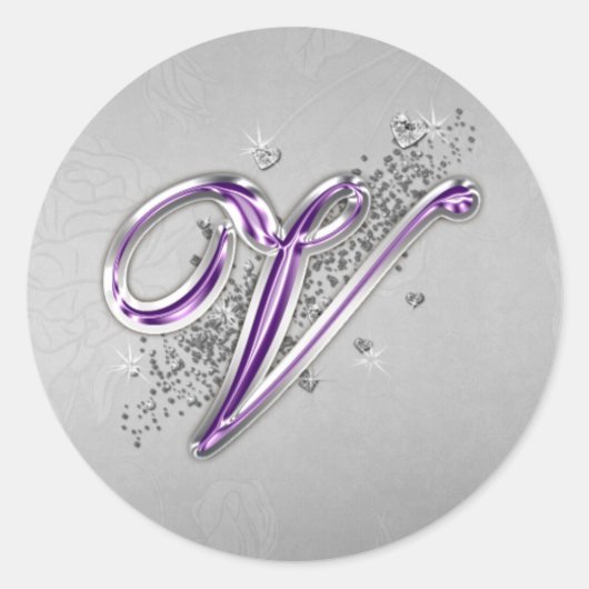 Paarse en Zilveren Glitter Monogram V Sticker (Voorkant)
