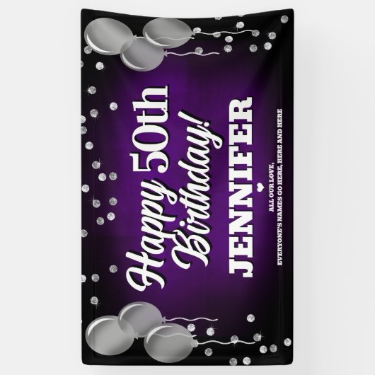 Paarse en zilveren Happy Birthday Banner (Verticaal)