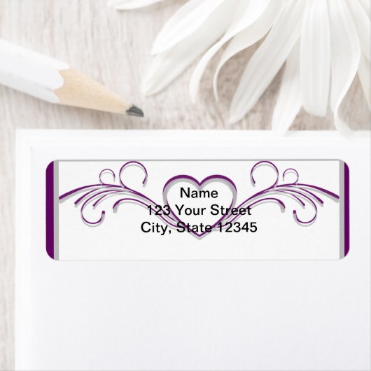 Paarse en Zilveren Hart Scroll Etiket (Insitu)