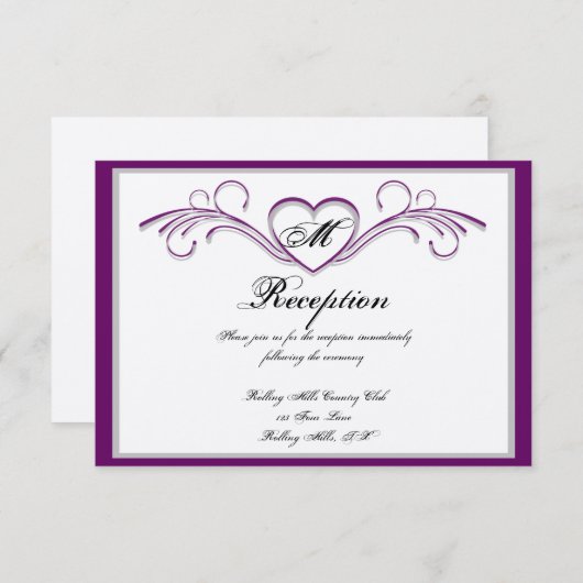 Paarse en zilveren Hart Scroll Monogram Ontvangst Kaart (Voorkant / Achterkant)