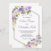 Paarse en Zilveren lijst bloemenbruiloft waterverf Kaart (Voorkant / Achterkant)