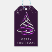 Paarse en zilveren lint- en glitterkerstboom cadeaulabel (Voorkant)
