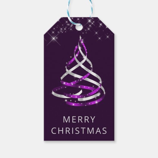 Paarse en zilveren lint- en glitterkerstboom cadeaulabel (Voorkant)