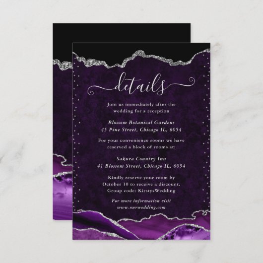 Paarse en zilveren marmeren agaat bruiloft details informatiekaartje (Voorkant / Achterkant)