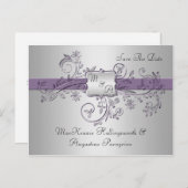 Paarse en zilveren Monogram Bloemen Wervelingen Sa Aankondigingskaart (Voorkant / Achterkant)
