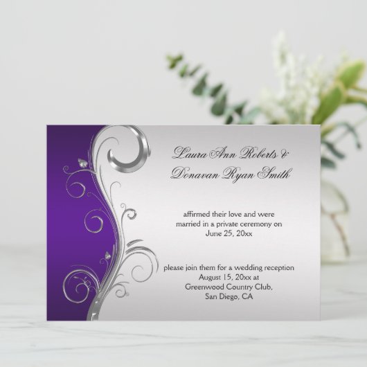 Paarse en zilveren post bruiloft Kaart (Staand voorkant)