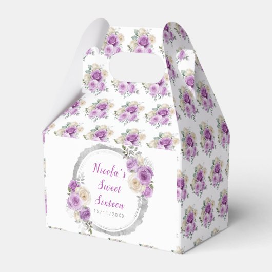 Paarse en zilveren sierlijke bloemen Sweet Sixteen Bedankdoosjes (Achterkant)