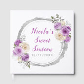 Paarse en zilveren sierlijke bloemen Sweet Sixteen Gastenboek (Voorkant)