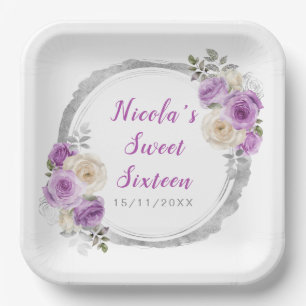 Paarse en zilveren sierlijke bloemen Sweet Sixteen Papieren Bordje