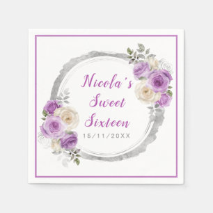 Paarse en zilveren sierlijke bloemen Sweet Sixteen Servet