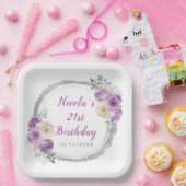 Paarse en zilveren sierlijke bloemen verjaardag papieren bordje (Feest)