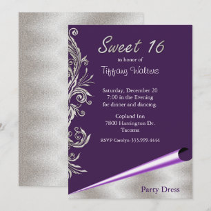 Paarse en zilveren Sweet 16 verjaardagsuitnodiging Kaart