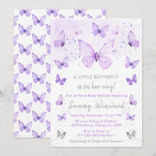 Paarse en Zilveren Vlinder Baby Shower Kaart