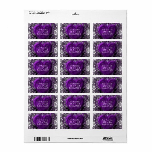 Paarse en Zilverhardende hartelegging Etiket (Full Sheet)