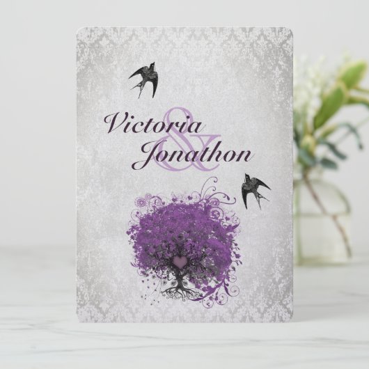 Paarse en zilverhardende uitnodiging tot weddensch (Staand voorkant)