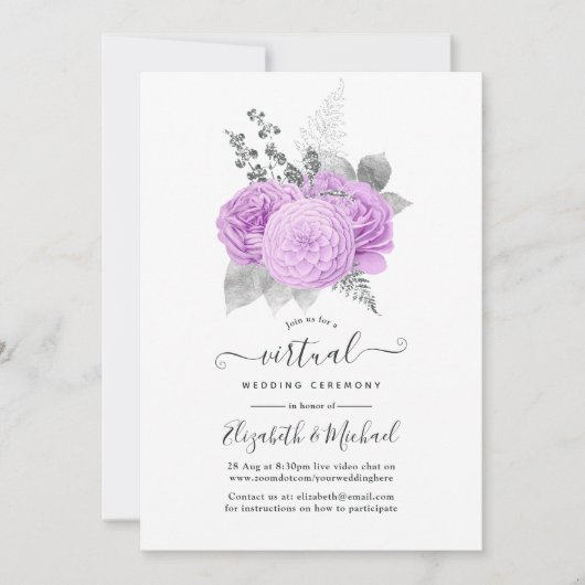 Paarse en Zilverige Roos virtuele bruiloft Kaart (Voorkant)