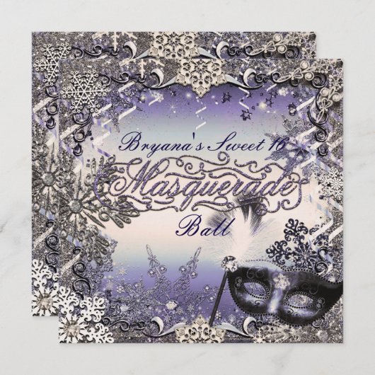 Paarse en zilvermaskerade en wintersneeuwvlokken kaart (Voorkant / Achterkant)